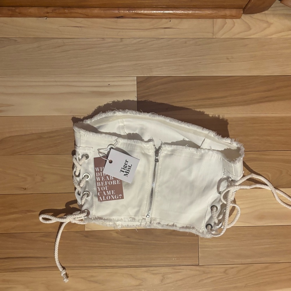 tiger mist strapless jean crop top